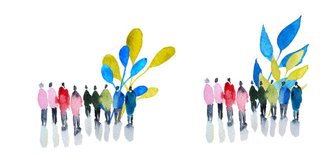Color blot with watercolor depiction of a group of people. Hand-painted watercolor people, silhouettes of a man and a woman.