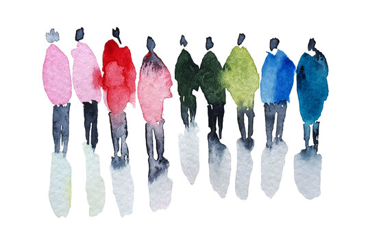 Color blot with watercolor depiction of a group of people. Hand-painted watercolor people, silhouettes of a man and a woman.