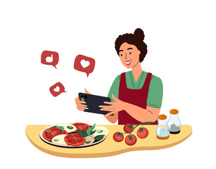 Food Blogging Concept. Female Blogger Character with Smartphone Take a Photo of Prepared Dish Caprese Salad for Video Blog.Food Hunter Review,Foodie Channel ,Vlog Streaming.People Vector Illustration