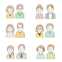 イラスト素材セット：悩み困った表情で正面を向く若い男女夫婦、パートナー（バストアップ/主線あり）
