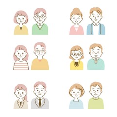 イラスト素材セット：笑顔で仲良く正面を向いた若い男女夫婦、パートナー（バストアップ/手描き線）
