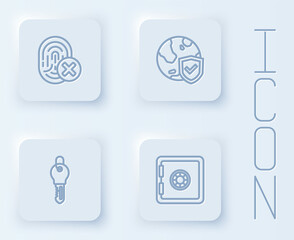Set line Cancelled fingerprint, Shield with world globe, Key and Safe. White square button. Vector