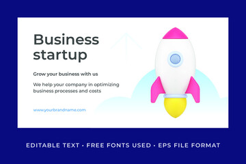 Business startup horizontal banner with place for text and launching rocket marketing promo advertising 3d icon vector illustration. Successful company development advertisement promotion template