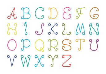 Colorful calligraphic English alphabet in doodle style. Freehand drawing. Sketch. Hand Drawn.	