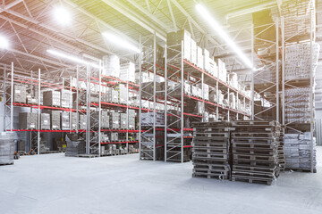 logistics warehouse with racks and flights