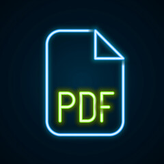 Glowing neon line PDF file document. Download pdf button icon isolated on black background. PDF file symbol. Colorful outline concept. Vector