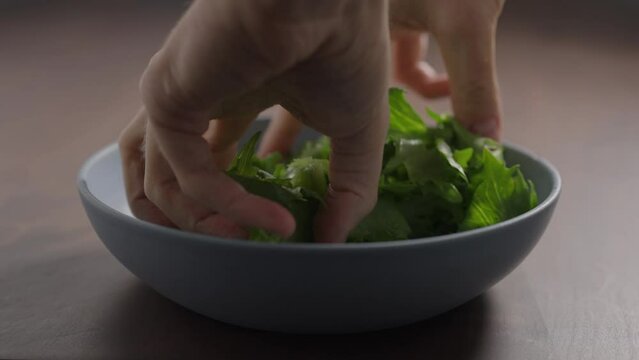 Slow motion making salad, arrangfe frisee lettuce in blue bowl on wood table
