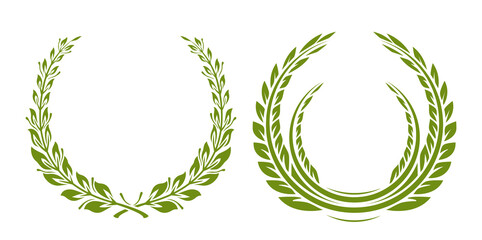 Set of laurel wreaths. Collection of award or victory signs. Heraldry emblem. Olive green color. Vector illustration