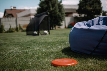 summer vacation with frisbee on green grass