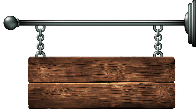 A wooden background shield hanging on chains. High detailed realistic illustration