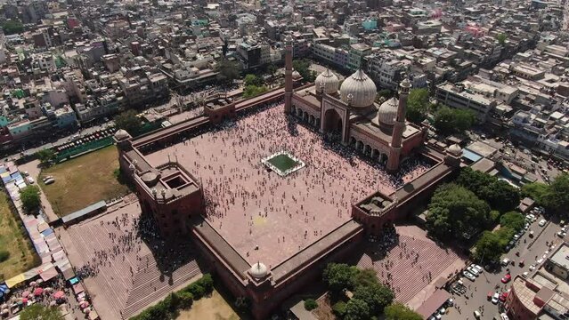 An aerial shot of Jama Masjid with people praying namaz in New Delhi,India