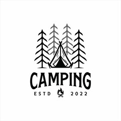 camping logo line art simple minimalist vector illustration template icon graphic design. camp at nature with badge and typography style