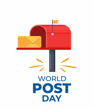 World post day design template. Design for greeting cards, banner or print. Mailbox with a raised flag, with an open door and letters inside. Vector illustration.