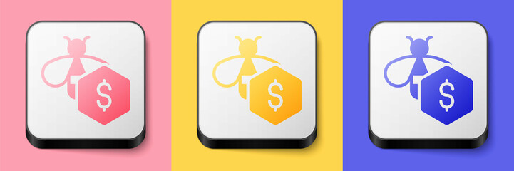 Isometric Sale of bees icon isolated on pink, yellow and blue background. Sweet natural food. Honeybee or apis with wings symbol. Flying insect. Square button. Vector