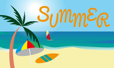 A summer poster depicting a seascape, surfboard, windsurfing, an umbrella and the inscription 