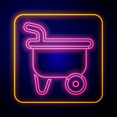 Glowing neon Wheelbarrow icon isolated on black background. Tool equipment. Agriculture cart wheel farm. Vector