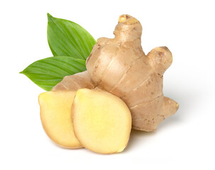 Close up, Fresh ginger root  with sliced and green leaves isolated on white background