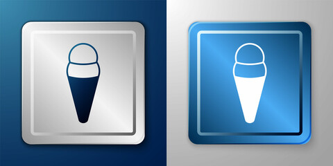 White Ice cream in waffle cone icon isolated on blue and grey background. Sweet symbol. Silver and blue square button. Vector