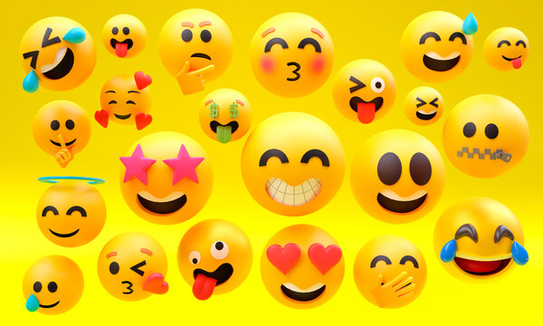 3d illustration, several emoticons showing their faces different expressions, joy, love, meditation, anger, 3d rendering