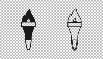 Black Torch flame icon isolated on transparent background. Symbol fire hot, flame power, flaming and heat. Vector