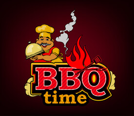 Vector doodle with funny chef and flames. It about barbecue and grilling  - 500567908