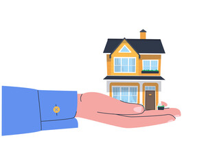 Hand holds house. Concept for home agent, sale and rent of a house and buyer or customer.Flat vector illustration. Eps10