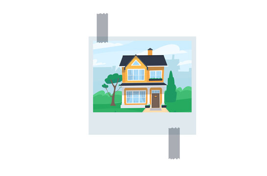 The Palaroid photograph is duct-taped to the wall. Two-story house against the backdrop of nature in the photo. Flat vector illustration. Eps10