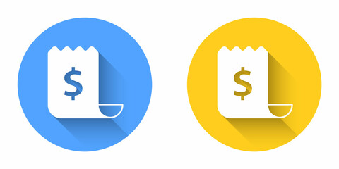 White Paper check and financial check icon isolated with long shadow background. Paper print check, shop receipt or bill. Circle button. Vector
