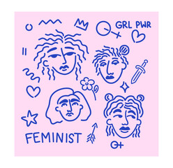 Hand-Drawn Feminist doodles girl power Line art Female Face Cute Vector Set