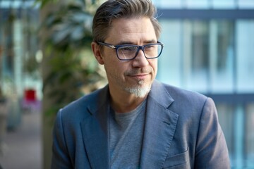 Middle aged confident businessman in business casual in office. Portrait of happy mid adult man in 50s, smiling, looking away.