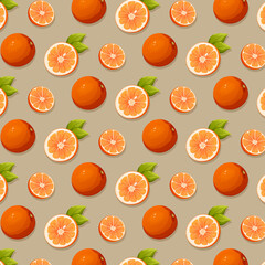 Seamless pattern orange citrus fruit vector illustration. Slices and whole with leaves. Vitamin summer healthy food on beige background for packaging, wrapping paper, textile, gift