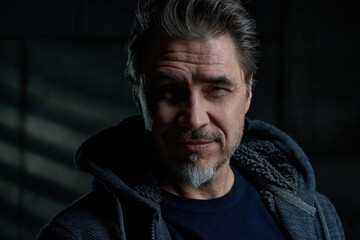 Portrait of happy casual middle aged, mid adult caucasian man in his 50s, smiling, standing against dark gray wall. . Copy space .