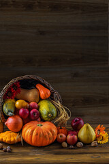 Thanksgiving day background with empty copy space. Pumpkin harvest in wicker basket. Squash, orange...