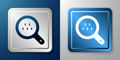 White Magnifying glass and taxi car icon isolated on blue and grey background. Taxi search. Silver and blue square button. Vector