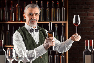 Sommelier with a glass of wine. Examination of wine products. Restaurant staff, expert wine steward among shelves of wine bottles. Stylish middle-aged man with a grey beard