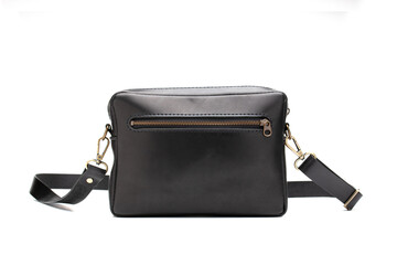 Black leather unisex  crossbody bag with zipper. Casual or business briefcase on isolated white...