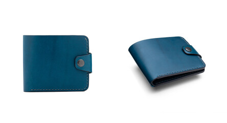 Set of Stylish leather blue men wallet isolated on white background. 
