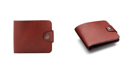 Set of Stylish leather brown men wallet isolated on white background.  - obrazy, fototapety, plakaty