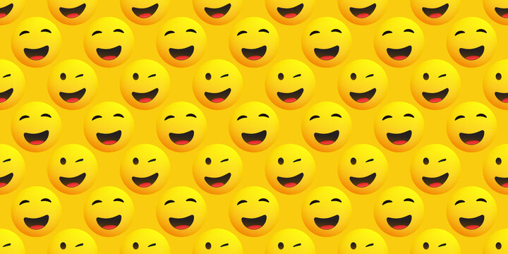 Lots of Yellow Winking, Smiling Faces - Seamless Emoji, Emoticon Pattern Background, Vector Design