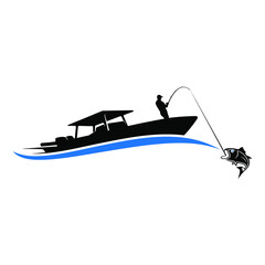 an illustration of the logo of an angler fishing with his boat