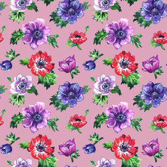 Seamless pattern of colorful anemones on a muted pink background, floral print for fabric and other surfaces based on a watercolor illustration.