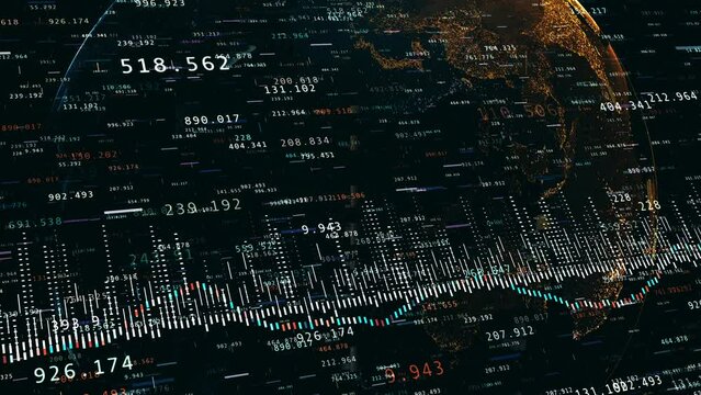 Abstract intro animation with volatile charts and numbers. Financial figures and diagrams with earth globe on background