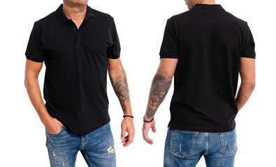 Model wearing black men's polo shirt, mockup for your own design