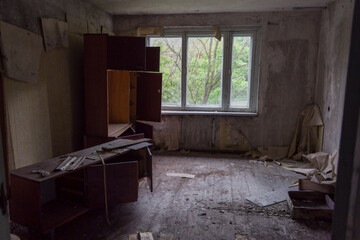 The interior of destroyed apartments in the deserted city of Pripyat