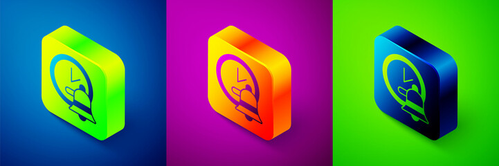 Isometric Alarm clock icon isolated on blue, purple and green background. Wake up, get up concept. Time sign. Square button. Vector