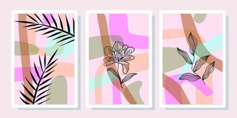 Set of abstract tropical wall arts vector illustration. Flowers,leaves,shapes,line arts, botanical background design,