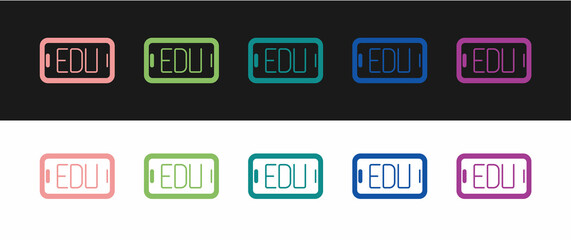 Set Online education and graduation icon isolated on black and white background. Online teacher on monitor. Webinar and video seminar learning. Vector