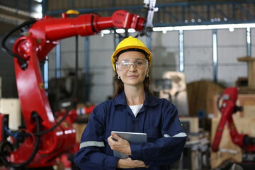 engineer checking control panel and teaching new Automatics robot arm and operating control machine in factory.