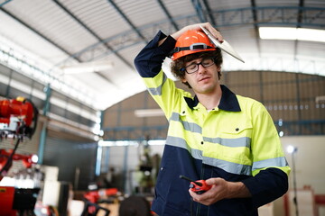 engineer checking control panel and teaching new Automatics robot arm and operating control machine in factory.