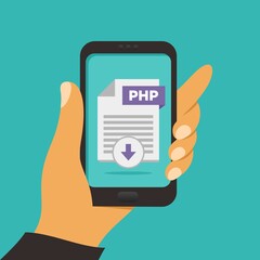 File download button on smartphone screen. Hand holds smartphone, finger touches button. Downloading document concept for web banners, web sites, infographics. Creative flat design vector illustration